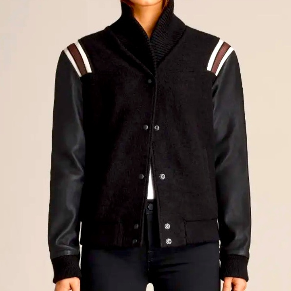 All Saints Bordin Striped Jacket 6 Wool Sheep Leather Bomber Varsity Jacket